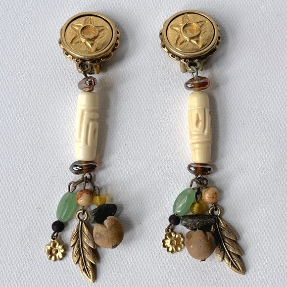 Vintage Robert Rose Long Dangle Clip Earrings Tribal Aventurine Jasper Bone Boho - Picture 9 of 9